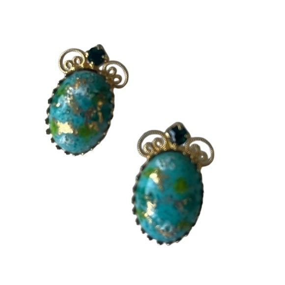 Vintage Brooch and Clip Earrings Set Green and Aqua Rhinestone rare 1960s - Picture 9 of 13